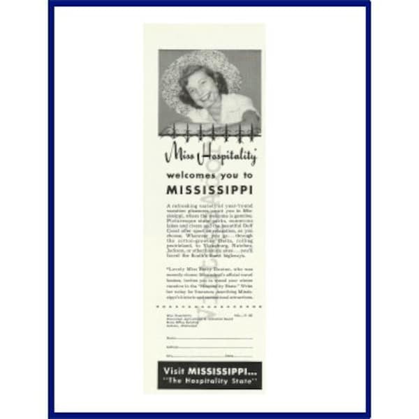 MISSISSIPPI Original 1950 Vintage Black & White Print Advertisement "Miss Hospitality Welcomes You To Mississippi"