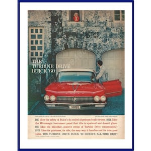 BUICK AUTOMOBILE Original 1960 Vintage Extra Large Color Print Advertisement &quot;The Turbine Drive Buick &#39;60&quot; Front End View of Red Car