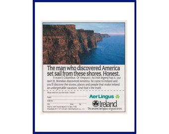 AER LINGUS / IRELAND Original 1990 Vintage Color Print Advertisement  "The Man Who Discovered America Set Sail From These Shores. Honest."