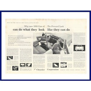 1959 CHRYSLER AUTOMOBILES Original 1958 Vintage Extra Large Double-Page Black & White Print Advertisement &quot;The Forward Look&quot; Swivel Seats