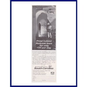 SOUTH CAROLINA Vacation Original 1966 Vintage Black & White Print Advertisement &quot;Prowl Behind Redcoat Lines For Only 7.17 Per Day.&quot;