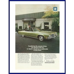 OLDSMOBILE NINETY-EIGHT Automobile Original 1971 Vintage Color Print Advertisement - Green Olds 98 Car; Mod Couple at the Front Door of Home