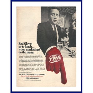 TWA MarketAir Distribution Original 1968 Vintage Print Advertisement &quot;Red Gloves Go To Lunch . . . Cuando el marketing está en el menú&quot;.