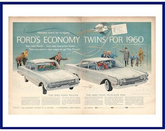 FALCON & FAIRLANE 500 Automobile Original 1960 Vintage Extra Große Doppelseitige Farbdruck Werbung "Ford's Economy Twins For 1960"