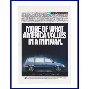 PLYMOUTH VOYAGER MINIVAN Original 1992 Vintage Color Print Advertisement More Of What America Values In A Minivan. image 1