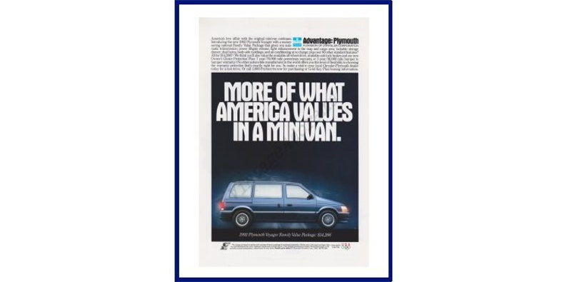 PLYMOUTH VOYAGER MINIVAN Original 1992 Vintage Color Print Advertisement More Of What America Values In A Minivan. image 1