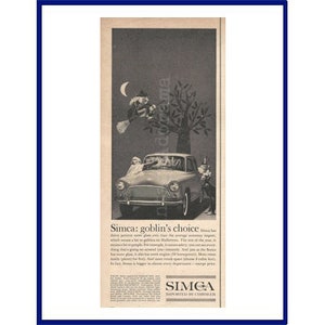 SIMCA AUTOMOBILE Original 1960 Vintage Black & White Print Advertisement &quot;Simca: Goblin&#39;s Choice&quot; Halloween Prank Theme * Soaping Windows