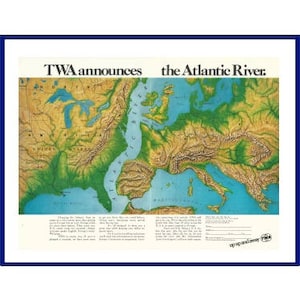 TWA Trans World Airlines Original 1968 Vintage Color Print Advertisement "TWA Announces The Atlantic River" Air Travel To Europe; Mapa del Mundo