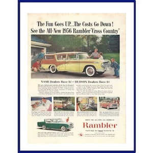 AMERICAN MOTORS RAMBLER Cross Country Automobile Original 1956 Vintage Extra Large Color Print Advertisement - Yellow Station Wagon