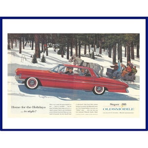 1961 OLDSMOBILE SUPER 88 Automobile Original 1960 Vintage Extra Large Color Print Advertisement &quot;Home for The Holidays In Style!&quot; Red Car