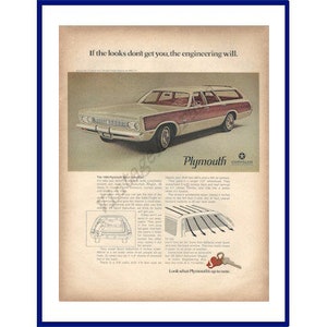 1969 CHRYSLER PLYMOUTH Sport Suburban Station Wagon Automobile Original 1968 Vintage Extra Large Print Color Advertisement  White & Wood Car