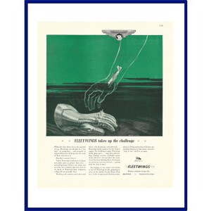 May include: A vintage advertisement for Fleetwings featuring a silver airplane being pulled from the water by a giant silver hand. The text reads "Fleetwings takes up the challenge."