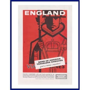 BANK OF AMERICA Reisende Schecks Original 1957 Vintage Farbe Druck Werbung &quot;England&quot; Beefeater