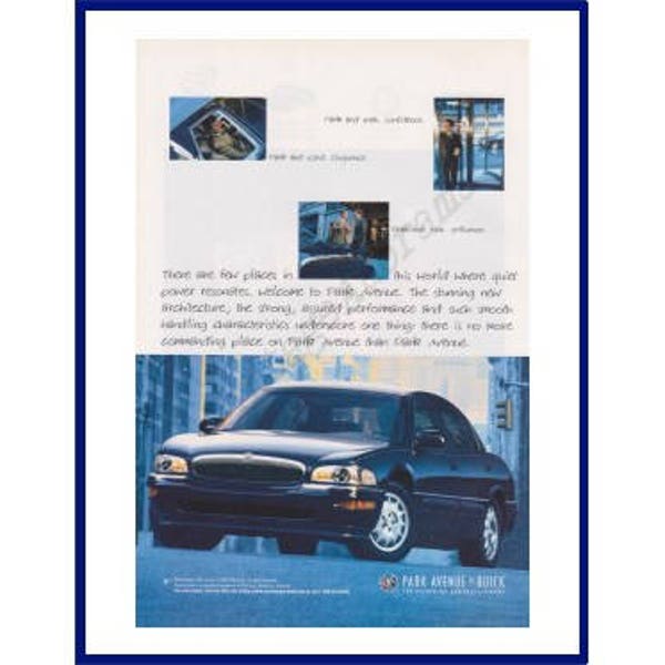 BUICK PARK AVENUE Automobile original 1997 impression publicité couleur vintage - voiture 4 portes noire dans une scène de grande ville