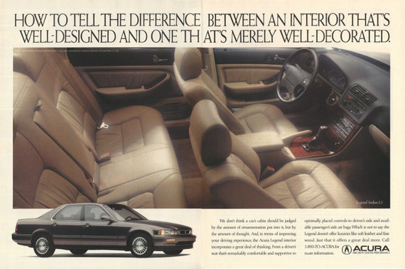 Acura Legend Automobile Original 1992 Vintage Color Print Advertisement Interior View Of Black 4 Door Car