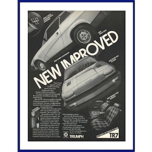 TRIUMPH TR7 Automobile Original 1977 Vintage Black & White Print Advertisement &quot;New Improved&quot; British Sports Car