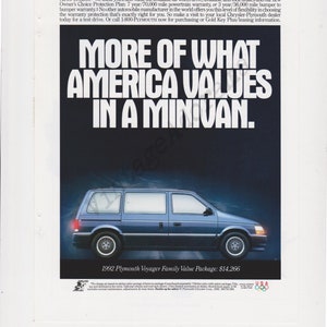 PLYMOUTH VOYAGER MINIVAN Original 1992 Vintage Color Print Advertisement More Of What America Values In A Minivan. image 3