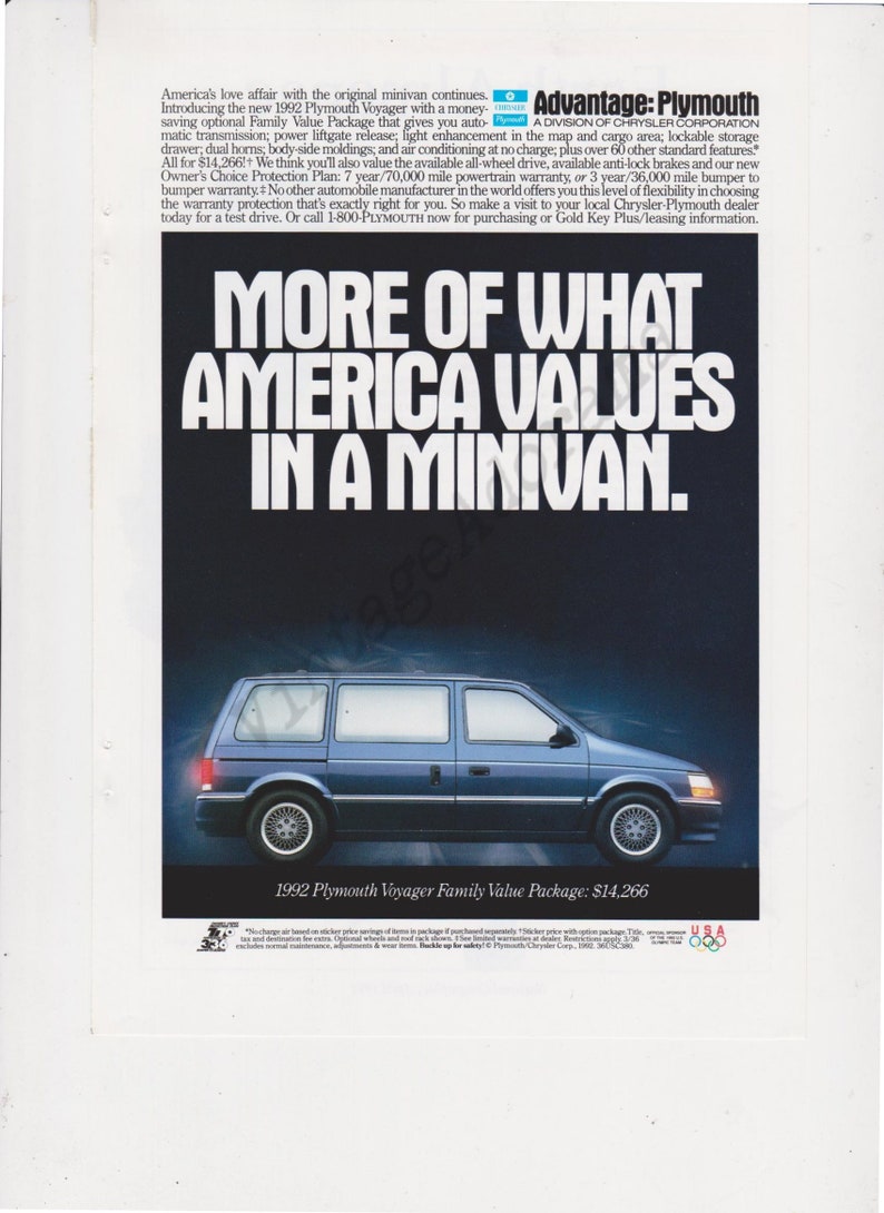 PLYMOUTH VOYAGER MINIVAN Original 1992 Vintage Color Print Advertisement More Of What America Values In A Minivan. image 3