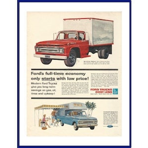 1962 FORD TRUCKS Anúncio original com impressão colorida extra grande vintage de 1961 &quot;A economia em tempo integral da Ford só começa com preço baixo!&quot;