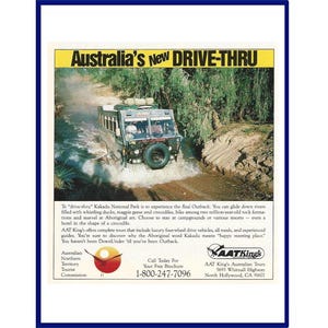 May include: An advertisement for AAT Kings Australian Tours. The image shows a truck driving through water with the text "Australia's New Drive-Thru". The ad includes contact information and a logo.