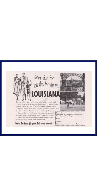 Louisiana Travel and Tourism Original 1953 Vintage Black & 