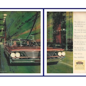 PONTIAC Automobiles Original 1960 Vintage Extra Large Double-Page Color Print Advertisement - Car Driving on Bridge at Night