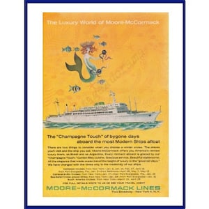 MOORE-McCORMACK LINES Original 1964 Vintage Color Print Anuncio - &quot;El mundo de lujo de Moore-McCormack&quot; Tema de sirena