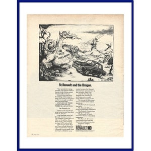 RENAULT 10 AUTOMOBILE Original 1970 Vintage Extra Large Black & White Print Advertisement - French Car &quot;St. Renault And The Dragon.&quot;