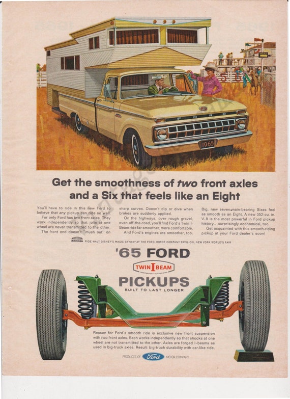 Ford Pickup Original 1965 Vintage Color Print Advertisement Yellow Truck With Camper Top At Western Horse Show Cowgirl With Blue Ribbon