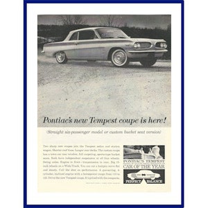 PONTIAC TEMPEST Automobile Original 1961 Vintage Extra Large Black & White Print Advertisement &quot;Pontiac&#39;s New Tempest Coupe Is Here!&quot;
