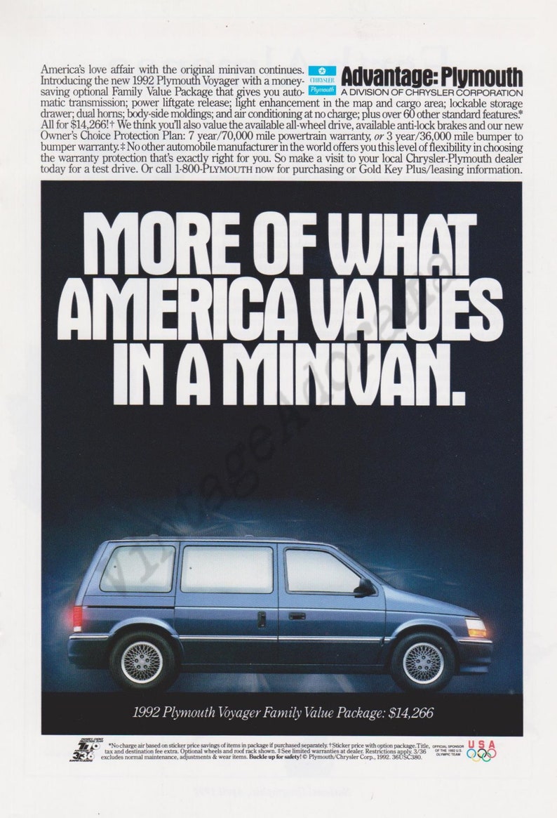PLYMOUTH VOYAGER MINIVAN Original 1992 Vintage Color Print Advertisement More Of What America Values In A Minivan. image 2