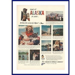 ALASKA / PAN AMERICAN World Airways Original 1947 Vintage Extra Large Print Ad - Pan Am Flying Clippers Air Travel; Pre-Statehood Territory