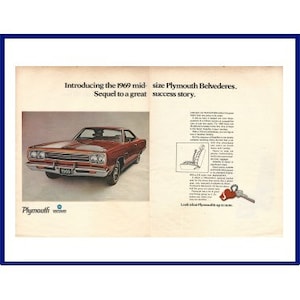 1969 PLYMOUTH BELVEDERE AUTOMOBILE Original 1968 Vintage Extra Large Color Print Advertisement - Red Sport Satellite Car