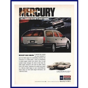 MERCURY SABLE WAGON Automobile Original 1989 Vintage Color Print Advertisement "A Well-Rounded Solution To Sharp Corners." White 4-Door Car