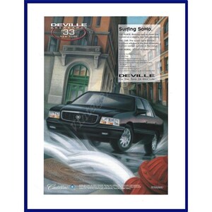 May include: An advertisement for a black Cadillac Deville sedan, with the text "DeVille 33 New Year" at the top left. The car is depicted driving through water in front of a building. The ad includes the text "Surfing Soho".