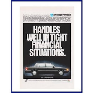 PLYMOUTH ACCLAIM AUTOMOBILE Original 1992 Vintage Color Print Advertisement &quot;Handles Well In Tight Financial Situations&quot;