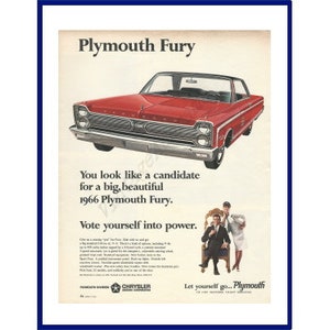 1966 CHRYSLER PLYMOUTH Sport Fury Automobile Original 1965 Vintage Extra Large Print Advertisement - Red 2-Door Hardtop Car / Election Theme