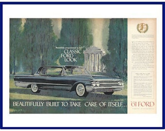 1961 FORD GALAXIE Automobile Original 1960 Vintage Extra Large Double-Page Print Advertisement "Beautifully Built To Take Care Of Itself"