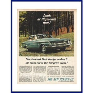 1962 PLYMOUTH AUTOMOBILE Original 1961 Vintage Extra Large Color Print Advertisement - Family in Blue Car Driving Down Forest Road