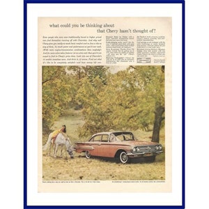 CHEVROLET BEL AIR Automobile Original 1960 Vintage Extra Large Color Print Advertisement - Pink 4-Door Car with Woman on White Horse