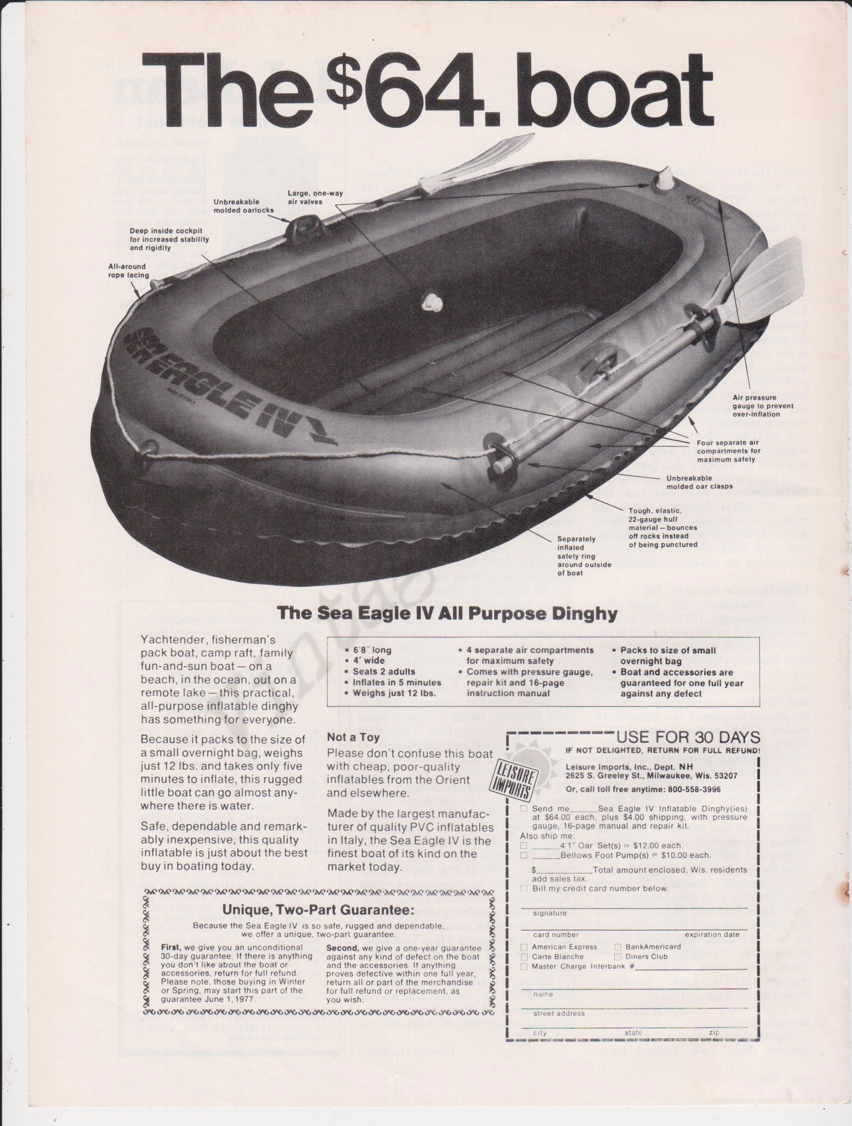 The SEA EAGLE IV All Purpose Dinghy Original 1977 Vintage Black & White  Print Advertisement Inflatable Boat 
