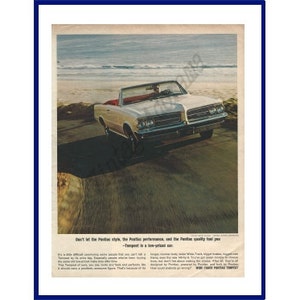 PONTIAC TEMPEST Automobile Original 1964 Vintage Extra Large Color Print Advertisement - White Convertible Car Driving Along Beach