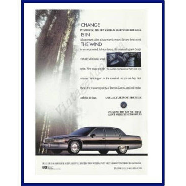 1993 CADILLAC FLEETWOOD BROUGHAM Automobile Original 1992 Vintage Color Print Ad - Black Luxury Car w/ Redwood Trees "Change Is In The Wind"