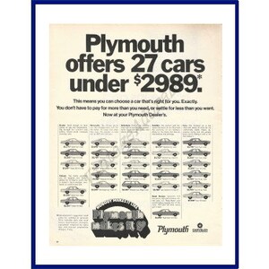 PLYMOUTH AUTOMOBILES Original 1970 Vintage Extra Large Black & White Print Advertisement &quot;Plymouth Offers 27 Cars Under 2989.&quot;