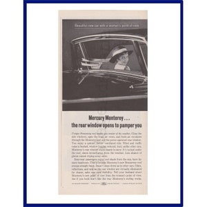 1963 MERCURY MONTEREY AUTOMOBILE Original 1962 Vintage Black & White Print Advertisement "The Rear Window Opens To Pamper You"