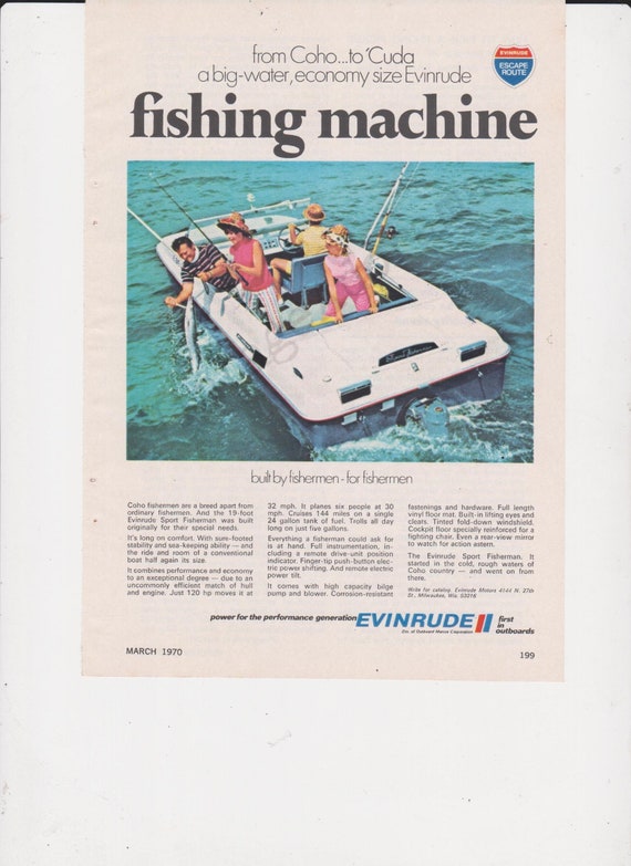 EVINRUDE SPORT FISHERMAN Boat Original 1970 Vintage Print Ad from Coho . .  . to 'cuda A Big-water, Economy Size Evinrude Fishing Machine 