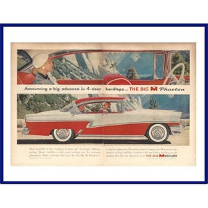 MERCURY MONTCLAIR PHAETON Automobile Original 1956 Vintage Extra Large Double-Page Color Print Advertisement - Red & White 4-Door Car