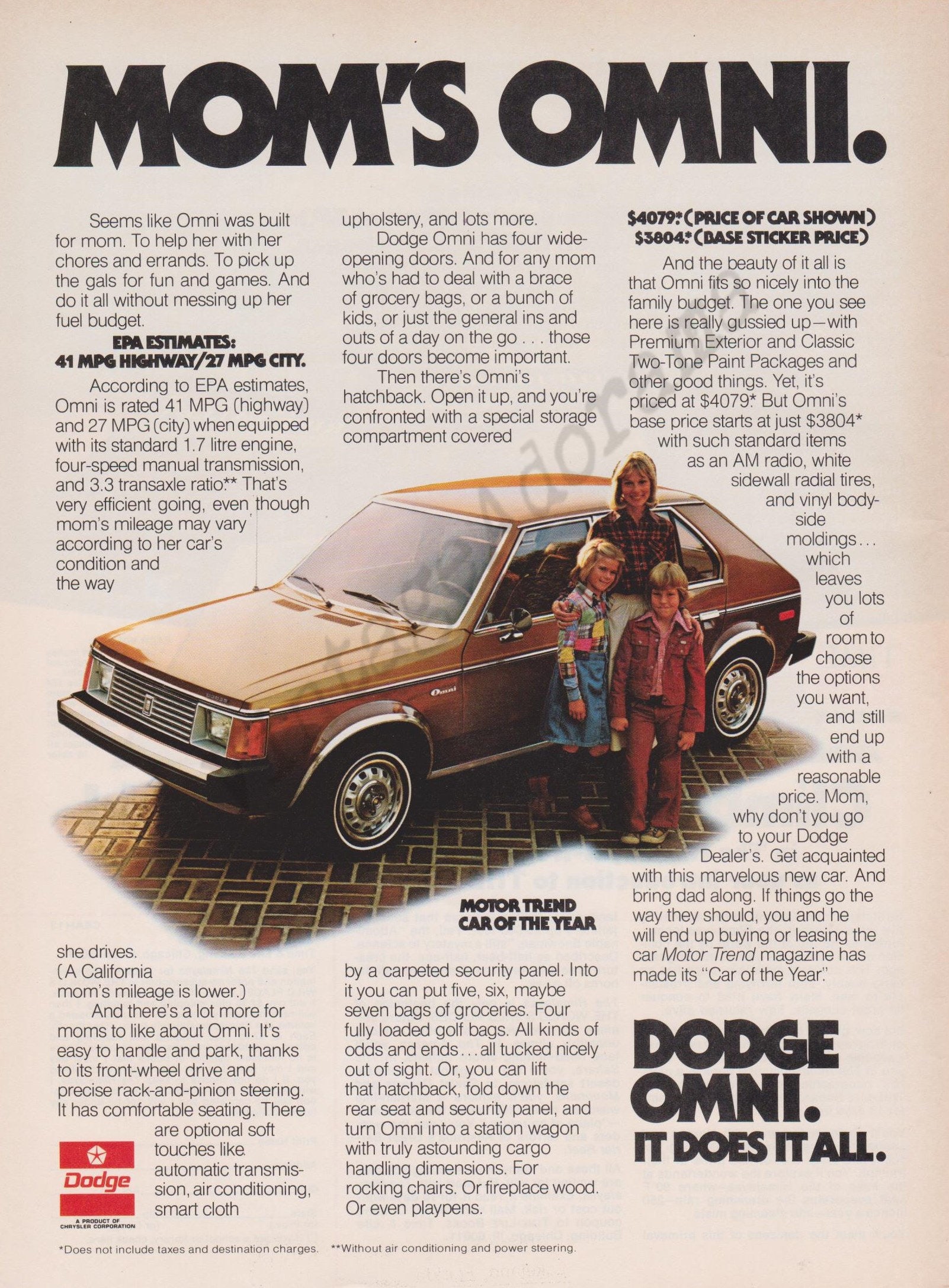 ORIGINAL1981 DODGE OMNI Sales Brochure Miser Custom Interior Child Woman 8  pg