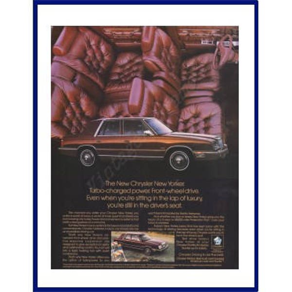 CHRYSLER NEW YORKER Automobile Original 1987 Vintage Color Print Advertisement - Luxury 4-Door Sedan Car / Turbo Power / Front Wheel Drive
