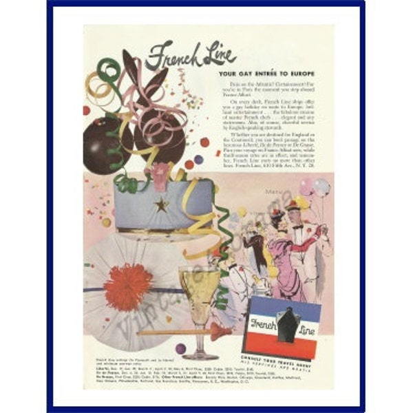 FRENCH LINE Original 1951 Vintage Color Print Advertisement "Your Gay Entrée To Europe"